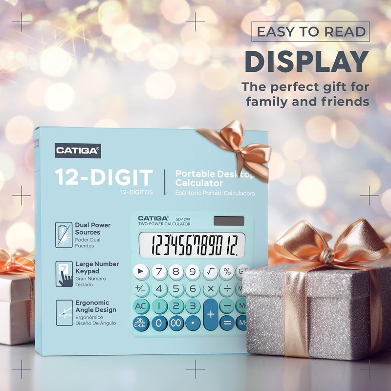 CATIGA Mechanical Switch Calculator with Solar and Battery Dual Power, 12-Digit Large LCD Display, Aesthetic and Cute Desktop Calculator with Big Button, for Home, School and Office Use, SD-1299 - Image 3